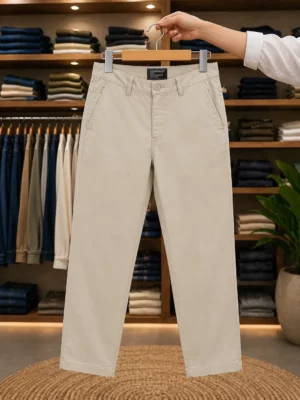 Men’s Classic Casual Trousers – Beige Solid Slim Fit Pants