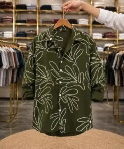 Men’s Stylish Leaf Printed Shirt – Olive Green Full Sleeve Casual Shirt