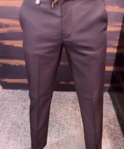 Men's Wine Slim Fit Ankle Length Formal Trousers with Side Buckle Detail